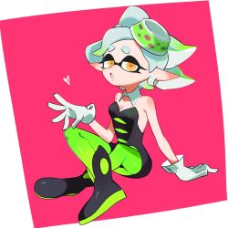 +_+ 1girl black_dress bow-shaped_hair breasts cleavage detached_collar dress earrings food food_on_head gloves gradient_hair green_pantyhose grey_hair highres hoop_earrings inkling jewelry kanianoreki marie_(splatoon) marie_(squid_sisters_outfit)_(splatoon) mole mole_under_eye multicolored_hair nintendo object_on_head open_mouth pantyhose pointy_ears short_dress short_hair splatoon_(series) strapless strapless_dress sushi swept_bangs tentacle_hair updo white_gloves yellow_eyes