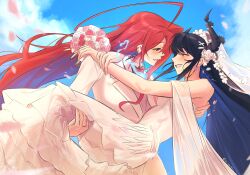 2girls absurdres ahoge alternate_costume black_hair blue_fire blue_hair blush bouquet bridal_veil closed_mouth commentary demon_horns dress elisbian elizabeth_rose_bloodflame english_commentary fire flower formal_clothes hair_flower hair_ornament highres holding holding_bouquet hololive hololive_english horns jewelry long_hair mole mole_under_eye multiple_girls nerissa_ravencroft red_eyes red_hair ring smile suit veil very_long_hair virtual_youtuber wedding_dress wedding_ring white_dress white_flower white_suit wife_and_wife x_hair_ornament yuri