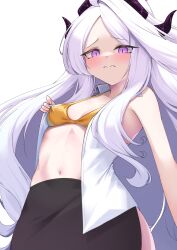 1girl ahoge bikini black_skirt blue_archive blush demon_horns gold_bikini highres hina_(blue_archive) horns long_hair looking_at_viewer navel purple_eyes shirt simple_background skirt solo standing swimsuit user_kawm7327 white_background white_hair white_shirt