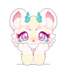 1boy androgynous animal_ears animal_hands bay_(fluffy_land) chibi chibi_only chibikemo commentary english_commentary fluffy_land furry furry_male highres horns kikugawa_ru looking_at_viewer male_focus official_art pastel_colors second-party_source simple_background snow_leopard_boy snow_leopard_ears solo trap white_background yume_kawaii
