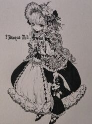 1girl absurdres argyle blunt_bangs bonnet classic_lolita cross dress english_text expressionless flower frilled_dress frills full_body gothic_lolita greyscale hair_flower hair_ornament highres holding holding_stuffed_toy layered_dress lolita_fashion long_hair looking_at_viewer monochrome original photo_(medium) raivarune ribbon rose simple_background solo stuffed_animal stuffed_rabbit stuffed_toy tagme traditional_media wavy_hair