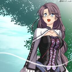 1girl blue_eyes breasts brown_hair commentary curtained_hair detached_sleeves eiyuu_densetsu emma_millstein english_commentary frilled_sleeves frills glasses hair_between_eyes highres large_breasts long_hair open_mouth outdoors parted_bangs sen_no_kiseki sen_no_kiseki_(series) sen_no_kiseki_iv smile solo spirit_rise twitter_username