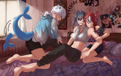 Rule 34 | 3girls, afterimage, animal ears, aqua hoodie, assertive female, barefoot, bed, bedroom, bite mark, bite mark on shoulder, bite mark on stomach, black hair, black pants, black shorts, black streaks, blue eyes, blue panties, blush, bracelet, bright pupils, clothes writing, collared shirt, commentary, commission, crop top, cropped shirt, curtains, day, dhominic25, double-parted bangs, english commentary, feet, fins, fish tail, gawr gura, grey hoodie, grey shirt, grin, hair between eyes, hair ears, hakos baelz, hand in own hair, hand up, highres, holding another&#039;s arm, hololive, hood, hoodie, indoors, jewelry, kneeling, light rays, long hair, long sleeves, medium hair, midriff, motion lines, mouse ears, mouse girl, mouse tail, multicolored hair, multicolored hoodie, multiple girls, off-shoulder shirt, off shoulder, on bed, open mouth, ouro kronii, panties, pants, panty peek, pearl bracelet, pillow, poster (object), print shirt, reclining, red hair, restrained, shark girl, shark tail, sharp teeth, shirt, short sleeves, shorts, sleeveless, sleeveless shirt, smile, sports panties, streaked hair, sunbeam, sunlight, tail, tail wagging, teeth, toes, track pants, underwear, underwear writing, very long hair, virtual youtuber, wallpaper (object), white hair, white pupils, white streaks, window, yuri, zipper