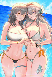 2girls alternate_breast_size arm_around_waist bad_anatomy beach bikini breasts firefly_(honkai:_star_rail) grey_hair heart heart_hands heart_hands_duo highres honkai:_star_rail honkai_(series) impossible_clothes impossible_shirt jewelry large_breasts looking_at_viewer mcdobo multiple_girls navel shirt smile stelle_(honkai:_star_rail) stomach swimsuit thighlet thighs trailblazer_(honkai:_star_rail)