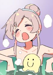 1girl bathing blush_stickers c: closed_eyes collarbone commentary completely_nude convenient_censoring flat_chest gradient_background grey_hair hair_bun hair_up loli noyama_takenoko nude onii-chan_wa_oshimai! open_mouth oyama_mahiro partially_submerged pink_hair purple_background simple_background smile solo steam upper_body water water_drop