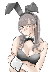 1girl absurdres animal_ear_hairband animal_ears bikini black_bikini black_bow black_bowtie bow bowtie breasts cleavage commentary crossed_arms detached_collar fake_animal_ears grey_hair hairband highres leotard long_hair looking_at_viewer nail_polish original pink_nails playboy_bunny rabbit_ear_hairband rabbit_ears sakamoto_giulietta simple_background solo swimsuit upper_body white_background wrist_cuffs