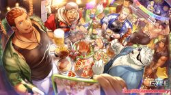 6+boys absurdres alcohol backpack bag bandaid bandaid_on_face bandaid_on_nose bara baseball_cap beer beer_mug black_hair black_tank_top blonde_hair blue_eyes bottle burger character_request chicken_(food) cooking cup drooling fangs food french_fries frying_pan gozu_farm grin gyee hat highres holding holding_bottle holding_skewer hood hoodie jacket jewelry large_pectorals letterman_jacket male_focus mug multiple_boys muscular muscular_male necklace official_art open_clothes open_mouth open_shirt pasta pectorals pendant pizza pov pov_hands red_hair salad skewer smile spaghetti tank_top topless_male