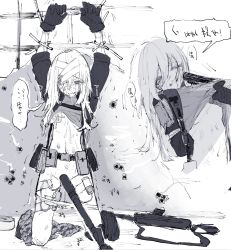 army assisted_exposure bandage_over_one_eye bandaged_head bandages bandaid bandaid_on_breast bandaid_on_face bound clothes_grab clothes_lift crying crying_with_eyes_closed crying_with_eyes_open drooling forced greyscale gun gun_to_head hands_up highres long_hair monochrome one_eye_closed original panties_around_leg pussy_juice rape red_hod shirt_grab shirt_lift sweat sweatdrop tears tied_up translation_request uneven_hair war weapon white_hair