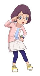 Rule 34 | 1girl, absurdres, adjusting eyewear, blue leggings, blue shirt, brown hair, glasses, grey eyes, highres, jacket, leggings, looking at viewer, misora inaho, multicolored shoes, official art, open clothes, open jacket, open mouth, pink jacket, round eyewear, shirt, shoes, simple background, skirt, sneakers, solo, third-party source, two-tone shoes, watch, white background, white shoes, white skirt, yellow shoes, youkai watch, youkai watch (object), youkai watch 3