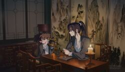 2boys black_eyes black_hair black_hanfu brown_hair candle chair child chinese_clothes cup grey_hanfu gzgzmym hanfu high_ponytail holding long_hair long_sleeves male_focus multiple_boys open_mouth ponytail quan_yizhen robe teacup teapot tianguan_cifu wavy_hair wide_sleeves yin_yu