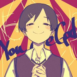 1girl black_eyes black_hair black_sweater_vest blush collared_shirt commentary_request film_grain futsuu_no_keion-bu hair_ornament hairpin half-closed_eyes highres interlocked_fingers kouyama_rin looking_at_viewer namayatsuwashi own_hands_clasped own_hands_together parted_bangs pixie_cut shirt short_hair smile solo sweater_vest two-tone_background upper_body white_shirt wing_collar