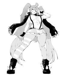 abs ahoge asymmetrical_legwear black_gloves black_jacket breasts choker collar facial_scar gloves gluteal_fold grin highres jacket jacket_on_shoulders large_breasts long_hair miniskirt miregeist monochrome necktie original panties scar scar_on_cheek scar_on_face skirt smile socks spiked_belt spiked_boots spiked_choker spiked_collar spiked_cuffs spiked_hair_ornament spikes striped_clothes striped_socks suspender_skirt suspenders thighhighs toned toned_female twintails underwear v very_long_hair white_background white_panties