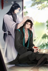 2boys absurdres apple black_boots black_hair black_hanfu blindfold blurry blurry_foreground boots chinese_clothes closed_mouth crossed_legs day drying drying_hair feet_out_of_frame food fruit hair_down hanfu hanging_herbs helen_roro highres holding holding_food holding_fruit holding_knife holding_towel jewelry kneeling knife light_rays long_hair long_sleeves low-tied_long_hair male_focus modao_zushi multiple_boys necklace open_clothes pants pectoral_cleavage pectorals peeling red_eyes scar scar_on_chest sitting smile sunbeam sunlight towel tree wet wet_hair white_blindfold white_hanfu white_pants wide_sleeves wooden_floor xiao_guan_(headdress) xiao_xingchen xue_yang