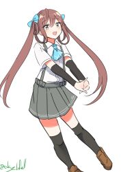 1girl absurdres arm_warmers asagumo_(kancolle) black_thighhighs brown_hair brown_shoes collared_shirt dress_shirt full_body grey_eyes grey_skirt highres kantai_collection long_hair looking_at_viewer one-hour_drawing_challenge open_mouth pleated_skirt robinson_(day_l_full) shirt shoes simple_background skirt smile solo suspender_skirt suspenders thighhighs twintails twitter_username white_background white_shirt