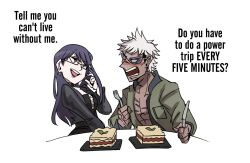 1boy 2girls black_hair black_leotard black_nails blush english_text fingernails food fork gloves highres holding holding_fork holding_knife knife leotard long_sleeves multicolored_hair multiple_girls nail_polish purple_hair red_eyes sandwich scar scar_on_chest scar_on_face shizuhara_hiruko teeth the_hundred_line_-last_defense_academy- upper_body upper_teeth_only white_hair yakushiji_takemaru