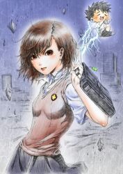 Rule 34 | 1boy, 1girl, a certain high school uniform, asymmetrical bangs, bare arms, black hair, blush, breasts, brown eyes, brown hair, brown sweater, brown sweater vest, brown vest, building, chibi, closed mouth, collared shirt, commentary request, cowboy shot, debris, electricity, electrokinesis, emblem, gekota, grey skirt, hair between eyes, hand up, highres, holding, index finger raised, jidao huashi, kamijou touma, lips, looking at viewer, medium hair, misaka mikoto, outdoors, pleated skirt, school emblem, school uniform, shirt, short hair, short sleeves, skirt, sleeveless, sleeveless sweater, small breasts, spiked hair, summer uniform, sweater, sweater vest, toaru kagaku no railgun, toaru kagaku no railgun s, toaru majutsu no index, tokiwadai school uniform, traditional media, v-neck, vest, white shirt