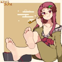 1girl absurdres barefoot brown_eyes brown_hair feet futatsuiwa_mamizou geta glasses highres kingdom_(user_ysav4824) long_hair looking_at_viewer open_mouth pixel_art shoes smoking_pipe soles toes touhou unworn_shoes