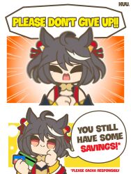 1girl absurdres ahoge animal_ears artist_name black_hair black_shirt chibi commentary credit_card detached_sleeves english_commentary english_text hair_ribbon highres horse_ears horse_girl kitasan_black_(umamusume) kuhl-notes medium_hair orange_eyes red_ribbon ribbon shirt smile solo speech_bubble tears umamusume white_streaks wiping_tears