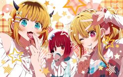 3girls 4b-enpitsu :3 arima_kana b-komachi_(new) beret blonde_hair blue_bow blue_eyes blush bow bowtie commentary cup dress fang food hand_up hat highres holding holding_cup horns hoshino_ruby long_hair macaron memcho multicolored_hair multiple_girls one_eye_closed open_mouth oshi_no_ko pinafore_dress pink_dress pink_eyes red_eyes red_hair roots_(hair) shirt short_hair sidelocks sleeveless sleeveless_dress star-shaped_pupils star_(symbol) symbol-shaped_pupils w white_bow white_bowtie white_hat white_shirt