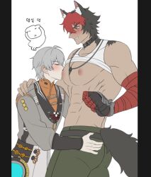 2boys abs animal_ears bandaged_arm bandages bara black_choker blush cargo_pants choker dog_boy ear_piercing jewelry komano_manato large_pectorals male_focus multicolored_eyes multicolored_hair multiple_boys muscular muscular_male necklace nipples pants pectorals piercing red_eyes scar scar_on_face seum_(kao_husband) shirt short_hair sucking_male_nipple tail white_hair white_shirt wise_(zenless_zone_zero) yaoi zenless_zone_zero