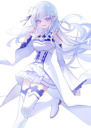 1girl absurdres bare_shoulders boots braid breasts cleavage_cutout clothing_cutout crown_braid dress elf emilia_(re:zero) flower hair_flower hair_ornament hair_ribbon highres long_hair looking_at_viewer luozhou_pile pointy_ears purple_eyes purple_ribbon re:zero_kara_hajimeru_isekai_seikatsu ribbon shoulder_cutout skirt smile solo thigh_boots white_background white_boots white_dress white_flower white_hair white_skirt x_hair_ornament
