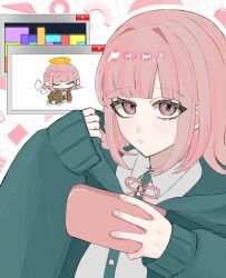 1girl blush breasts brown_hair collared_shirt danganronpa_(series) danganronpa_2:_goodbye_despair danganronpa_3_(anime) flipped_hair hair_ornament handheld_game_console highres holding holding_handheld_game_console hood hope&#039;s_peak_academy_school_uniform jacket long_sleeves looking_at_viewer medium_hair nanami_chiaki neck_ribbon no_hair_ornament open_clothes open_jacket pink_eyes pink_ribbon ribbon school_uniform shiosai_310 shirt white_shirt