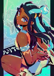 Rule 34 | 1girl, arm behind back, artist name, black hair, blue eyes, blue eyeshadow, commentary, creatures (company), crop top, dark-skinned female, dark skin, datcravat, english commentary, eyelashes, eyeshadow, game freak, gen 1 pokemon, glint, gyarados, highres, looking at viewer, looking back, makeup, multicolored hair, nessa (pokemon), nintendo, parted lips, pokemon, pokemon swsh, sitting, solo, sparkle, streaked hair, two-tone hair, wariza