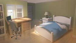 a_date_with_death alarm_clock analog_clock apartment bed bedroom blanket book bookshelf box cardboard_box chair clock computer day desk desk_lamp highres indoors lamp laptop nightstand no_humans non-web_source office_chair official_art scenery swivel_chair window_blinds window_light wooden_floor