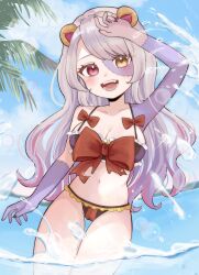Rule 34 | 1girl, absurdres, bikini, breasts, cleavage, commentary request, commission, grey hair, heterochromia, highres, indie virtual youtuber, kuroshiro (lilymofumofu), large breasts, long hair, looking at viewer, navel, open mouth, purple eyes, skeb commission, solo, swimsuit, teeth, virtual youtuber, wading, yellow eyes, zombie