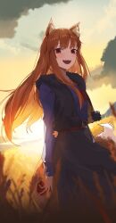 1girl absurdres animal_ear_fluff animal_ears arm_behind_back belt brown_belt commentary_request dress eimizzzzz highres holo looking_at_viewer open_mouth orange_hair purple_dress red_eyes sidelocks sky smile solo spice_and_wolf sun tail teeth upper_teeth_only wheat_field wolf_ears wolf_girl wolf_tail yellow_sky