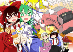 Rule 34 | 5girls, ascot, bare shoulders, blonde hair, bottle, bow, brown eyes, brown hair, detached sleeves, gohei, green eyes, green hair, hakurei reimu, haraegushi, hat, hat bow, juice, kirisame marisa, kochiya sanae, maribel hearn, mob cap, multiple girls, oonusa, open mouth, orange juice, purple eyes, symmetrical pose, touhou, train, usami renko, yassy, yellow eyes