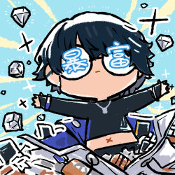Rule 34 | 1boy, black hair, chibi, chibi only, chinese commentary, chinese text, cui pi zha xia qiu, diamond (gemstone), girls&#039; frontline, girls&#039; frontline neural cloud, goggles, navel, official art, outstretched arms, second-party source, shining, solo, sparkle, sueyoi (neural cloud)
