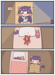 2girls :3 =_= absurdres amazon_(company) animal_ears ao-chan_(ninomae_ina&#039;nis) bed black_hair blush_stickers book box brand_name_imitation cardboard_box closed_eyes closed_mouth commentary doll drooling english_commentary hakos_baelz_(5th_costume) hat highres hololive hololive_english long_hair mini_person minigirl mole mole_under_eye mouse_ears mouse_tail mpien multicolored_hair multiple_girls nightcap ninomae_ina&#039;nis one_eye_closed open_mouth orange_hair pillow pointy_ears purple_hair red_hair ribbon smile strawberry_costume streaked_hair tail tail_ornament tail_ribbon takodachi_(ninomae_ina&#039;nis) tentacle_hair virtual_youtuber white_hair yawning