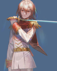 1boy akechi_gorou blue_background brown_eyes brown_hair capelet epaulettes epee expressionless gloves highres jacket lemontea looking_at_viewer male_focus military_uniform persona persona_5 persona_5_the_royal red_capelet simple_background solo white_gloves white_jacket