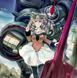 1girl bow dress drill_hair female_focus goggles goggles_on_head green_eyes hair_bow highres long_hair maria_balthasar mecha mozuyun pantyhose ribbon robot science_fiction seibzehn skirt solo xenogears yellow_bow