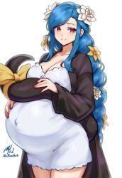 1girl artist_name black_coat blue_hair blush braid braided_ponytail breasts cleavage coat collarbone commentary covered_navel dizzy_(guilty_gear) dress english_commentary flower guilty_gear guilty_gear_strive hair_flower hair_ornament highres large_breasts long_hair looking_at_viewer pink_eyes pregnant queen_dizzy rotomdocs signature smile solo swept_bangs tail twitter_username very_long_hair white_dress