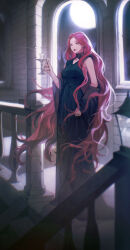 1girl absurdres aespa black_collar black_dress black_nails bright_pupils candle candlestand closed_mouth collar collared_dress detached_sleeves dress earrings full_moon giselle_(aespa) gootai highres holding holding_candlestand indoors jewelry long_dress long_hair looking_at_viewer moon nail_polish night real_life red_eyes red_hair sleeveless sleeveless_dress solo stairs standing very_long_hair white_pupils wide_sleeves witch