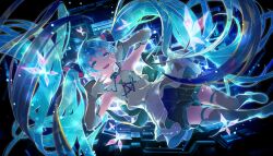 1girl aqua_eyes aqua_hair bare_shoulders blue_eyes blue_hair colorful_palette detached_sleeves hair_ornament hatsune_miku highres kimi_to_sekai_no_hajimari_de_(project_sekai) long_hair looking_at_viewer necktie official_alternate_costume official_art open_mouth project_sekai shirt skirt sleeveless smile solo thighhighs third-party_source twintails very_long_hair vocaloid
