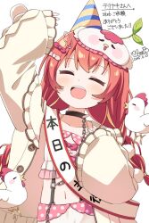 Rule 34 | 1girl, :d, arm up, bird, black choker, blonde hair, blush, bow, chicken, choker, closed eyes, collarbone, commentary request, commission, dated, facing viewer, hair bow, haru (konomi 150), hat, indie virtual youtuber, jacket, long hair, long sleeves, mei (vtuber), multicolored hair, navel, open clothes, open jacket, open mouth, party hat, red bow, red hair, signature, simple background, skeb commission, sleep mask, smile, solo, sprout, streaked hair, teeth, two-tone hair, upper body, upper teeth only, virtual youtuber, white background, white bow, yellow jacket