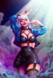 1girl absurdres arm_up black_skirt breasts claw_(weapon) cropped_jacket demon_girl evelynn_(league_of_legends) grin highres jacket k/da_(league_of_legends) k/da_all_out_evelynn league_of_legends long_hair looking_at_viewer medium_breasts open_clothes open_jacket scripted_drama skirt smile smoke solo thick_thighs thighs weapon white_hair yellow_eyes