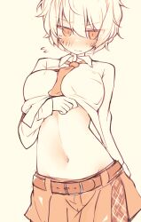 absurdres arm_under_breasts blush breasts closed_mouth clothes_lift damao_(kiwa777) highres large_breasts necktie non-web_source original shirt_lift short_hair simple_background source_request tagme white_hair