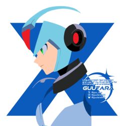 1boy armor blue_armor blue_helmet character_name forehead_jewel green_eyes guutara helmet male_focus mega_man_(series) mega_man_x_(series) solo upper_body x_(mega_man)