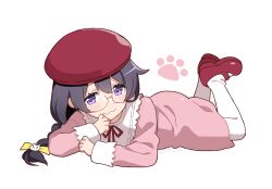 1girl :3 aged_down beret black_hair bow braid closed_mouth commentary_request dress feet_up full_body glasses hair_bow hanekawa_tsubasa hat highres kabukimonogatari long_hair long_sleeves looking_at_viewer lying manimani_(mani_ma) monogatari_(series) neck_ribbon on_stomach pantyhose pink_dress pink_shoes purple_eyes red_hat red_ribbon ribbon shoes simple_background solo the_pose twin_braids white_background white_pantyhose yellow_bow