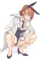 1girl black_leotard black_necktie black_shoes breasts brown_hair cleavage coat dated detached_collar frown full_body glasses high_heels highres id_card lanyard leotard looking_at_viewer necktie oimo_(toyama164) original playboy_bunny red-framed_eyewear shoes short_necktie signature solo squatting sweatdrop white_coat