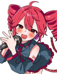 1girl ahoge bare_shoulders blush buttons cowboy_shot detached_sleeves drill_hair grey_shirt grey_skirt grey_sleeves haru_maron highres holding holding_microphone kasane_teto kasane_teto_(utau) leaning_forward long_sleeves looking_at_viewer microphone miniskirt music open_mouth red_eyes red_hair shirt simple_background singing skirt sleeveless sleeveless_shirt solo tail twin_drills utau white_background
