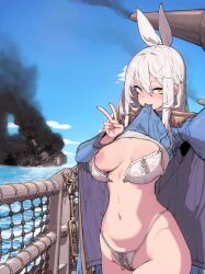 1girl blue_sky blush breasts clothes_in_mouth clothes_lift cloud cowboy_shot day groin hair_between_eyes happening18 highres jacket large_breasts lifting_own_clothes lingerie long_hair long_sleeves navel nipples open_clothes original outdoors panties pussy rail_a shirt_lift sidelocks sky smile solo standing stomach thighs underwear v white_hair yellow_eyes