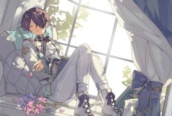 1boy ankle_boots ascot blonde_hair book book_on_lap boots bow bowtie closed_eyes curtains dutch_angle ensemble_stars! flower frilled_sleeves frills full_body gem green_gemstone hair_over_one_eye high_collar jacket knees_up lace-up_boots light_blush light_particles long_sleeves multicolored_hair official_alternate_costume open_mouth or_i pants pillow pink_flower puffy_long_sleeves puffy_sleeves puritan_collar purple_bow purple_bowtie purple_flower purple_hair red_gemstone sengoku_shinobu short_hair sleeping socks solo streaked_hair striped_bow striped_bowtie striped_clothes white_ascot white_background white_boots white_jacket white_pants white_socks window