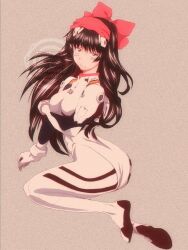 1990s_(style) 1girl arm_under_breasts ass ayanami_rei black_hair blue_eyes blush bodysuit breasts cosplay hair_ribbon half-closed_eyes highres huge_ass large_breasts legs long_hair looking_at_viewer looking_back nakoruru neon_genesis_evangelion retro_artstyle ribbon samurai_spirits sitting snk solo the_king_of_fighters thighs unamused