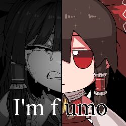 1girl ascot bow brown_hair clenched_teeth closed_eyes crying detached_sleeves english_text formicid fumo_(doll) hair_bow hair_tubes hakurei_reimu i&#039;m_fine_(meme) jaggy_lines japanese_clothes meme nontraditional_miko partially_colored red_bow red_eyes red_skirt ribbon-trimmed_sleeves ribbon_trim short_hair sidelocks skirt solo split_screen split_theme teeth touhou white_sleeves wide_sleeves yellow_ascot
