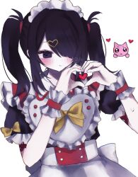 1girl 4_(nn_1_zo) ame-chan_(needy_girl_overdose) apron black_hair blue_eyes blush cat chest_bow commentary doodle_inset frilled_wrist_cuffs frills hair_ornament hair_over_one_eye heart heart_hair_ornament heart_hands heart_in_heart_hands highres light_smile maid maid_apron needy_girl_overdose short_twintails sidelocks solo sweets_paradise twintails upper_body wrist_cuffs